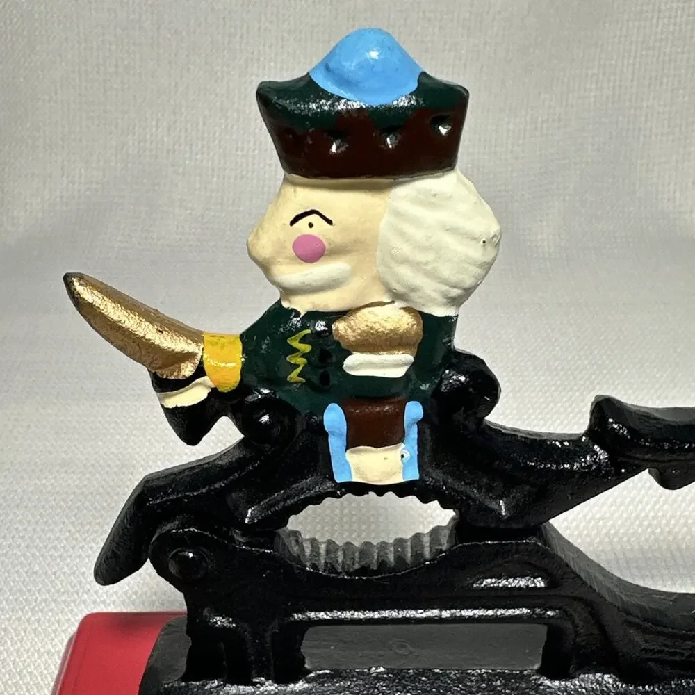 Vintage Cast Iron Soldier Nutcracker Mounted On Red Wooden Base Nut Cracker